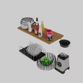 Kitchen Combination with Aluminum Shelf Coffee Pot Bottles Mug Knife Block Blender and Black Basket