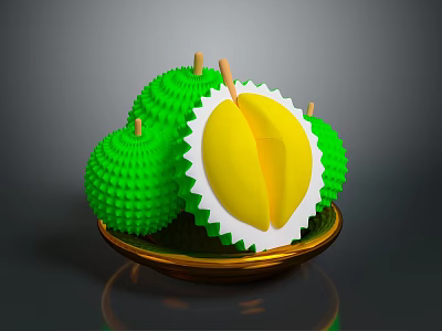 Fresh Cut Open Durian With Green Spiky Shell And Yellow Flesh On Golden Plate 3d model