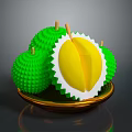 Fresh Cut Open Durian With Green Spiky Shell And Yellow Flesh On Golden Plate