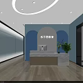 School Classroom Interior With Light Blue Walls Desks Chairs Projection Screen And Wall Decorations