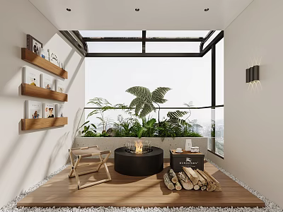 Cozy Home Balcony With Glass Roof Large Windows Wooden Floor Greenery And Black Fire Pit 3d model