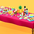 Red Tablecloth Dining Table With Assorted Foods Fruits Drinks And Candles