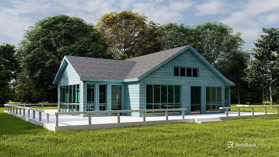 Charming Blue Cottage Building With Gray Roof Large Windows White Deck And Green Lawn 3d model 