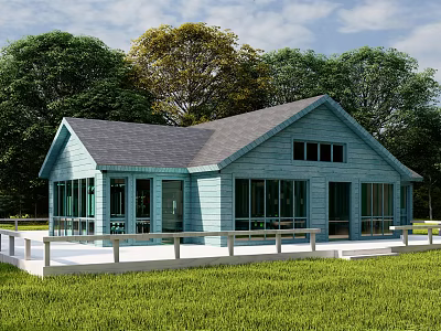 Charming Blue Cottage Building With Gray Roof Large Windows White Deck And Green Lawn 3d model