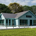 Charming Blue Cottage Building With Gray Roof Large Windows White Deck And Green Lawn