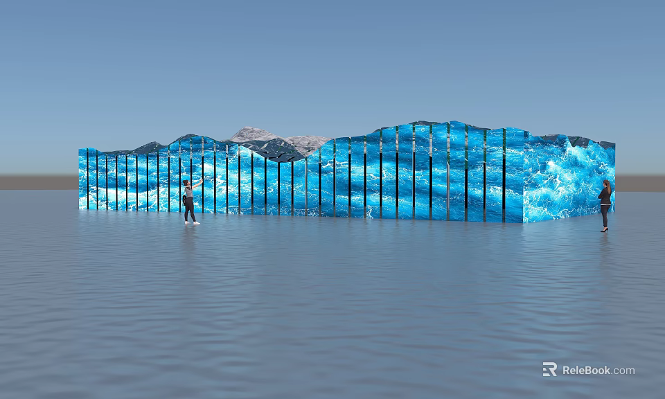 Blue Wave Shaped Glass Sculpture with Person Water Reflection and Mountain Sky 3d model 