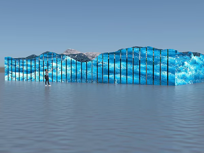 Blue Wave Shaped Glass Sculpture with Person Water Reflection and Mountain Sky 3d model