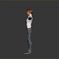 3D Character Boy With Brown Hair Glasses White Shirt Blue Tie Jeans And Arms Outstretched