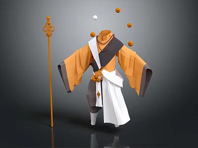 Traditional Orange And White Robe Style Clothing With Decorative Knot And Staff Accessory 3d model