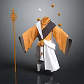 Traditional Orange And White Robe Style Clothing With Decorative Knot And Staff Accessory