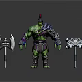Game Movie Character Green Skinned Warrior In Gladiator Armor With Red Helmet Axe And Hammer