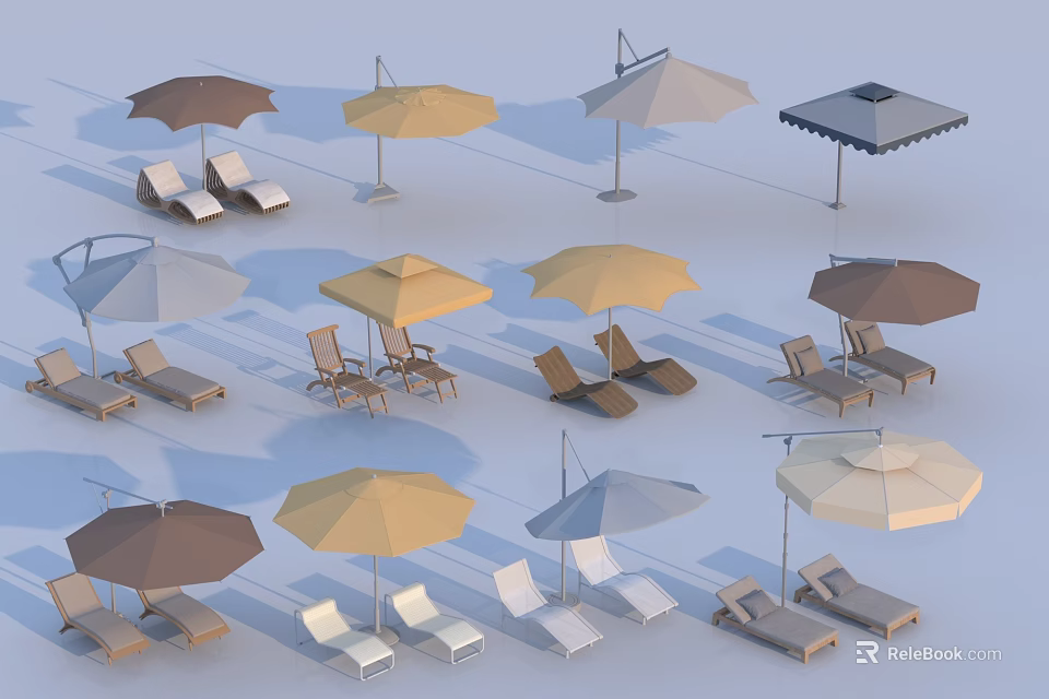Outdoor Lounge Chairs With Various Umbrellas For Patio Relaxation Area 3d model 