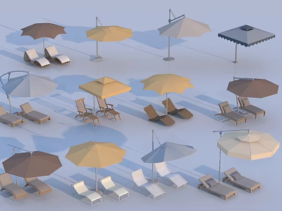 Outdoor Lounge Chairs With Various Umbrellas For Patio Relaxation Area 3d model