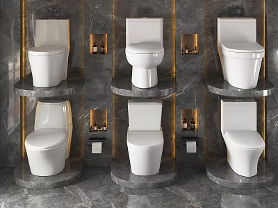 Multiple White Toilets Installed On Marble Platforms With Dark Marble Walls 3d model