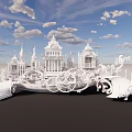 Ornate White Architectural Model With Towers Spires And Intricate Carvings Against Blue Sky And Clouds