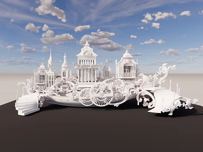 Ornate White Architectural Model With Towers Spires And Intricate Carvings Against Blue Sky And Clouds 3d model