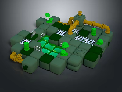 3D Maze Structure With Green Blocks Yellow Pipes Small Trees And White Grid 3d model