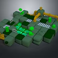 3D Maze Structure With Green Blocks Yellow Pipes Small Trees And White Grid