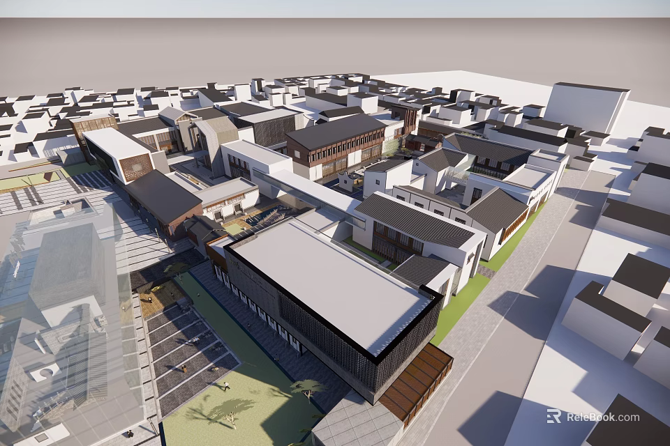 Traditional And Modern Commercial Street With Diverse Roofs Green Spaces And Pedestrian Paths 3d model 
