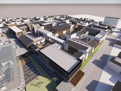 Traditional And Modern Commercial Street With Diverse Roofs Green Spaces And Pedestrian Paths 3d model