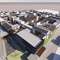 Traditional And Modern Commercial Street With Diverse Roofs Green Spaces And Pedestrian Paths