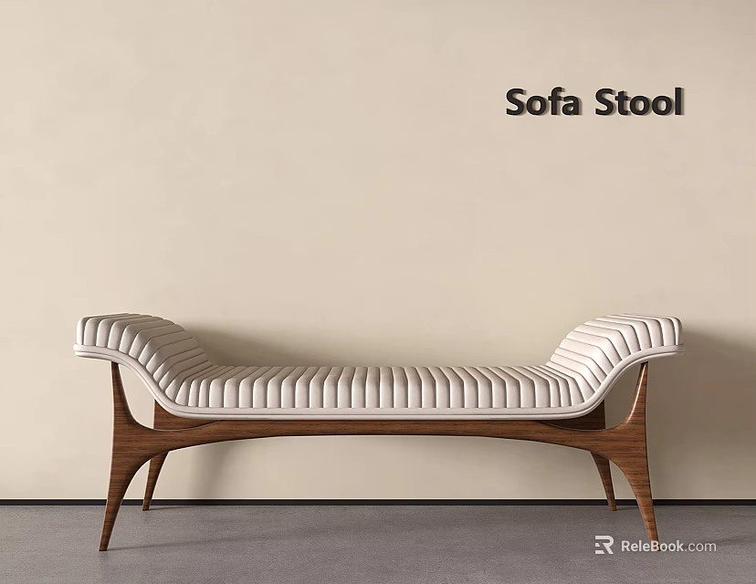 Elegant Modern Sofa Stool With White Striped Upholstery And Wooden Legs 3d model 