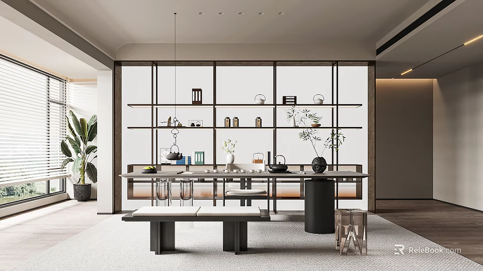 Modern Tea Room Interior Design With Glass Shelves Tea Sets And Potted Plants 3d model 