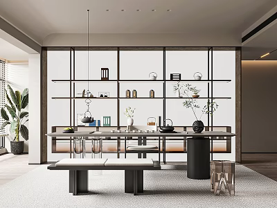 Modern Tea Room Interior Design With Glass Shelves Tea Sets And Potted Plants 3d model