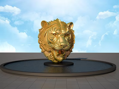 Golden Tiger Head Sculpture Carving on Circular Black Base with Blue Sky White Clouds 3d model
