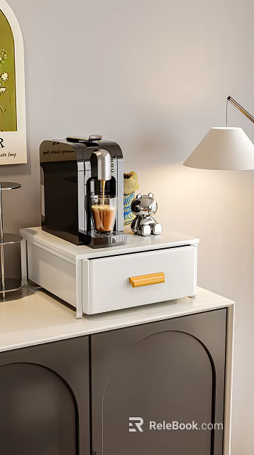 White Bedside Table With Wooden Handle Drawer Black Coffee Machine And Bear Ornament 3d model 