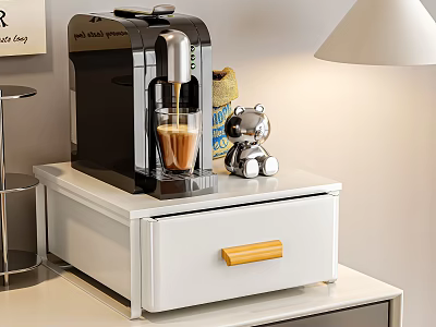 White Bedside Table With Wooden Handle Drawer Black Coffee Machine And Bear Ornament 3d model