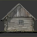 Rustic Log Cabin With Weathered Roof And Small Window On Grass 3d model