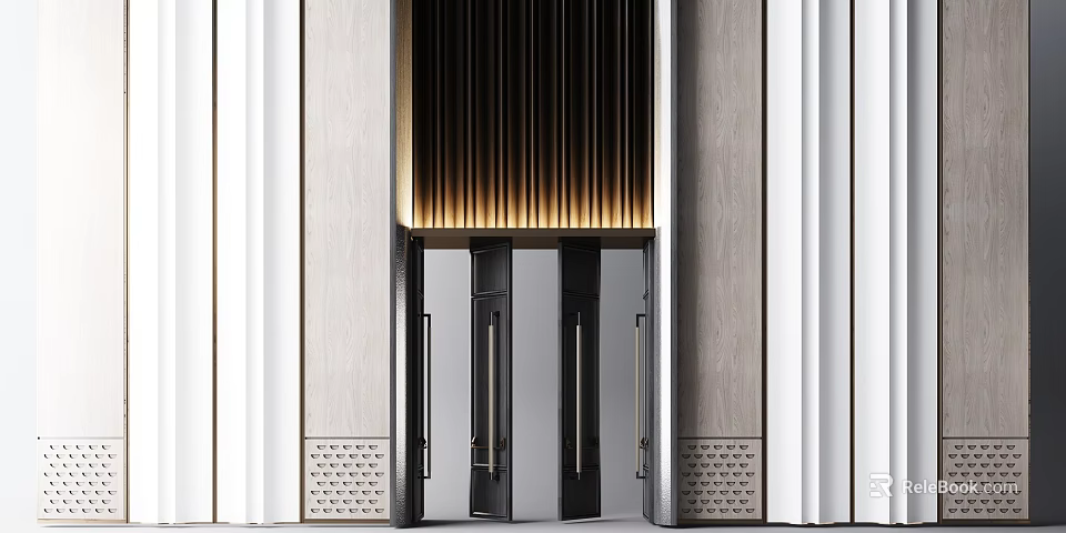 Modern Entrance Design With Black Doors Wooden Slats And Warm Lighting 3d model 