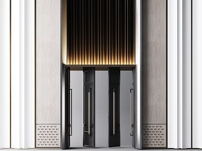 Modern Entrance Design With Black Doors Wooden Slats And Warm Lighting 3d model