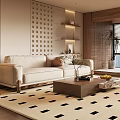 Modern Living Room Interior Design With Beige Sofa Black Square Rug And City View