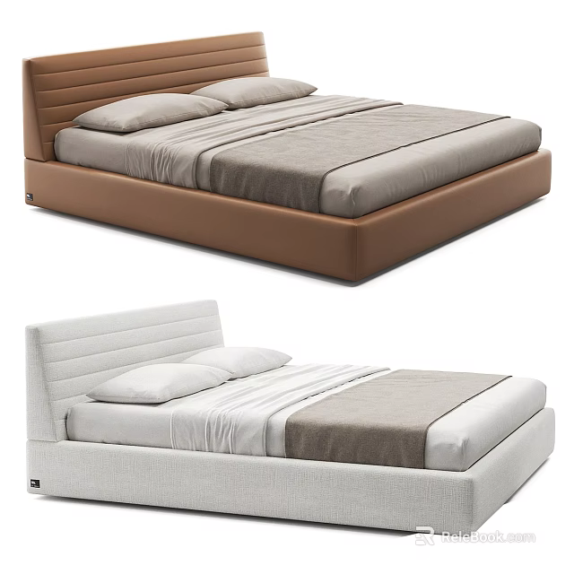 Modern Double Bed With Brown White Striped Upholstered Headboard And Neutral Gray Bedding 3d model 
