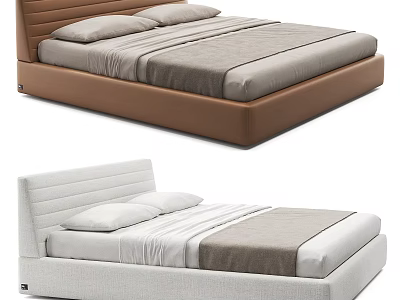 Modern Double Bed With Brown White Striped Upholstered Headboard And Neutral Gray Bedding 3d model