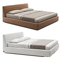 Modern Double Bed With Brown White Striped Upholstered Headboard And Neutral Gray Bedding