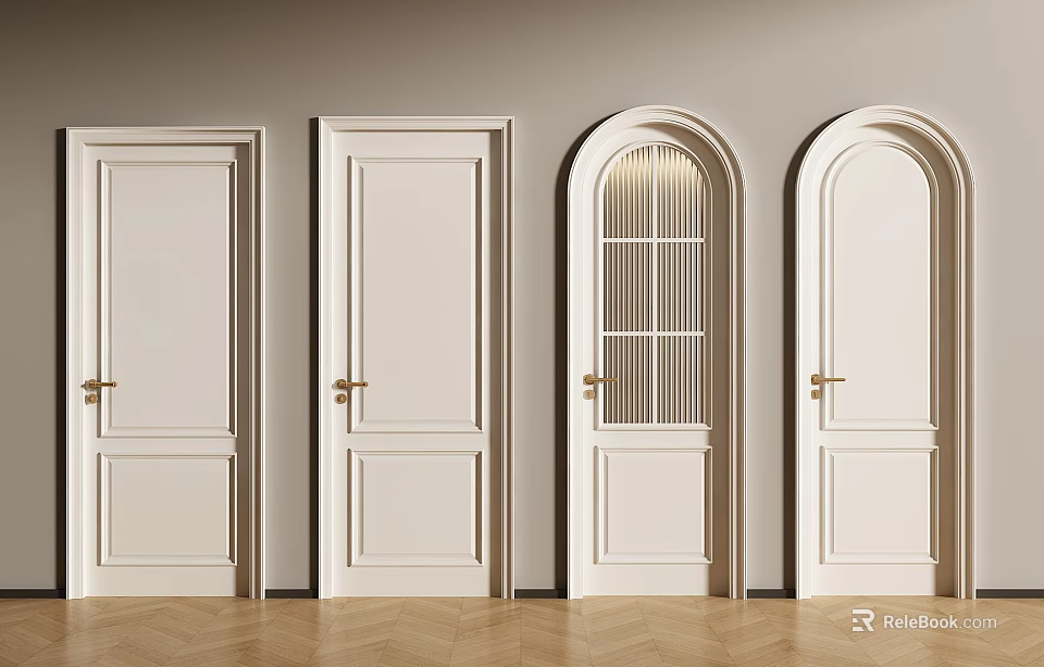 White Hinged Doors With Diverse Designs Gold Handles And Glass Panels For Home 3d model 