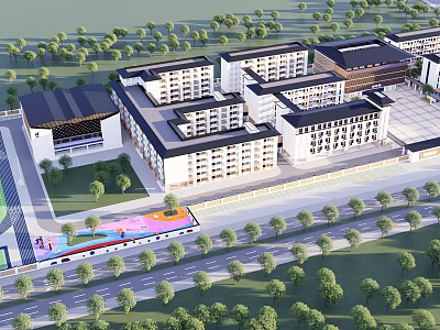 Modern Multi Story School Buildings On Campus With Greenery And Tree Lined Roads 3d model
