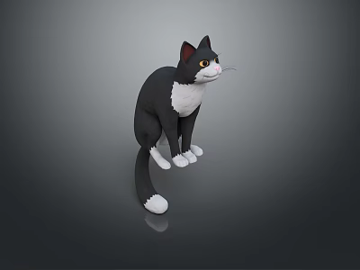 3D Black And White Cat Model In Standing Pose On Gray Background 3d model