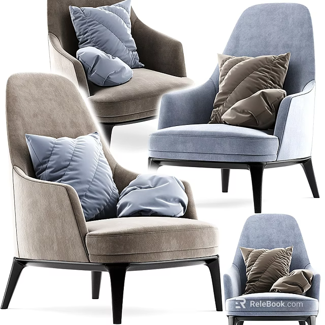 Modern Upholstered Accent Chairs In Beige And Blue With Decorative Pillows And Black Legs 3d model 