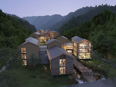 Mountain Hotel Building Nestled in Lush Forest With Modern Wooden Stone Design And Illuminated Windows 3d model