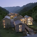 Mountain Hotel Building Nestled in Lush Forest With Modern Wooden Stone Design And Illuminated Windows