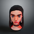 3D Female Character Head Model With Long Black Hair Blue Eyes And Black Choker