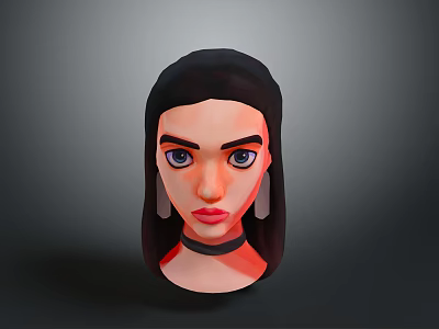 3D Female Character Head Model With Long Black Hair Blue Eyes And Black Choker 3d model
