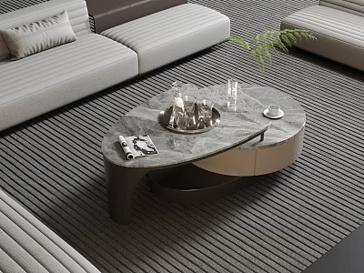 Elegant Modern Living Room Coffee Table With Marble Top And Glassware 3d model