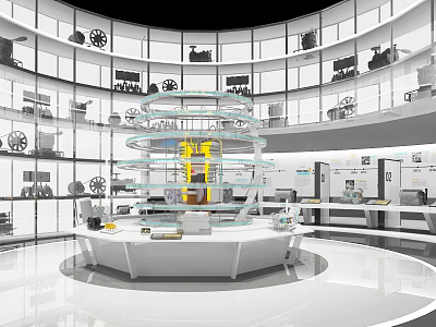 Modern Exhibition Hall Interior Featuring Multi Tiered Display Shelves Circular Platform And Glass Walls 3d model