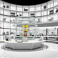 Modern Exhibition Hall Interior Featuring Multi Tiered Display Shelves Circular Platform And Glass Walls