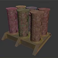 Six Red Barrels Stacked On Yellow Metal Storage Stand For Industrial Use